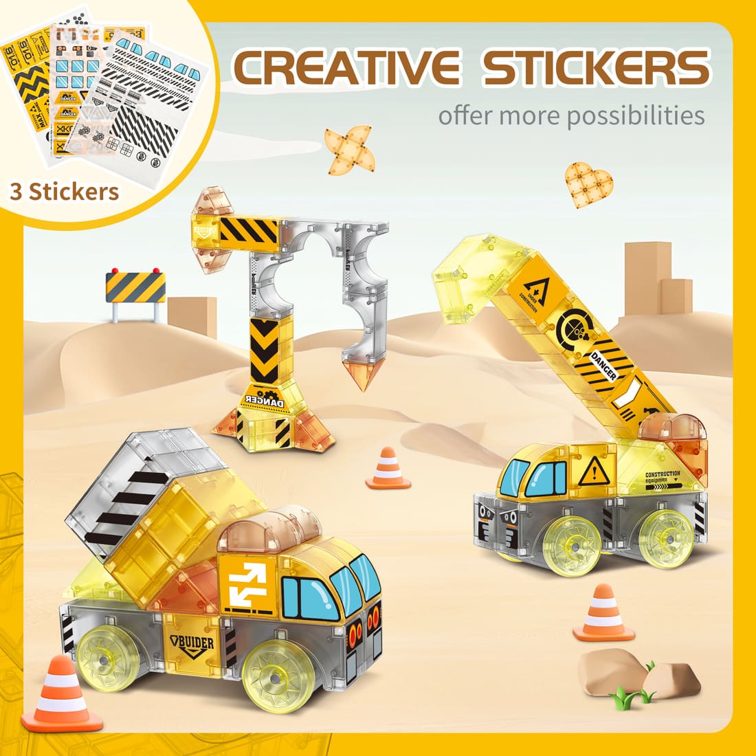 Cossy Magnetic Blocks 3D Building Construction Toys with Magnetic Cars, STEM Kits, Learning & Education, Creative, Engineering Set, Truck