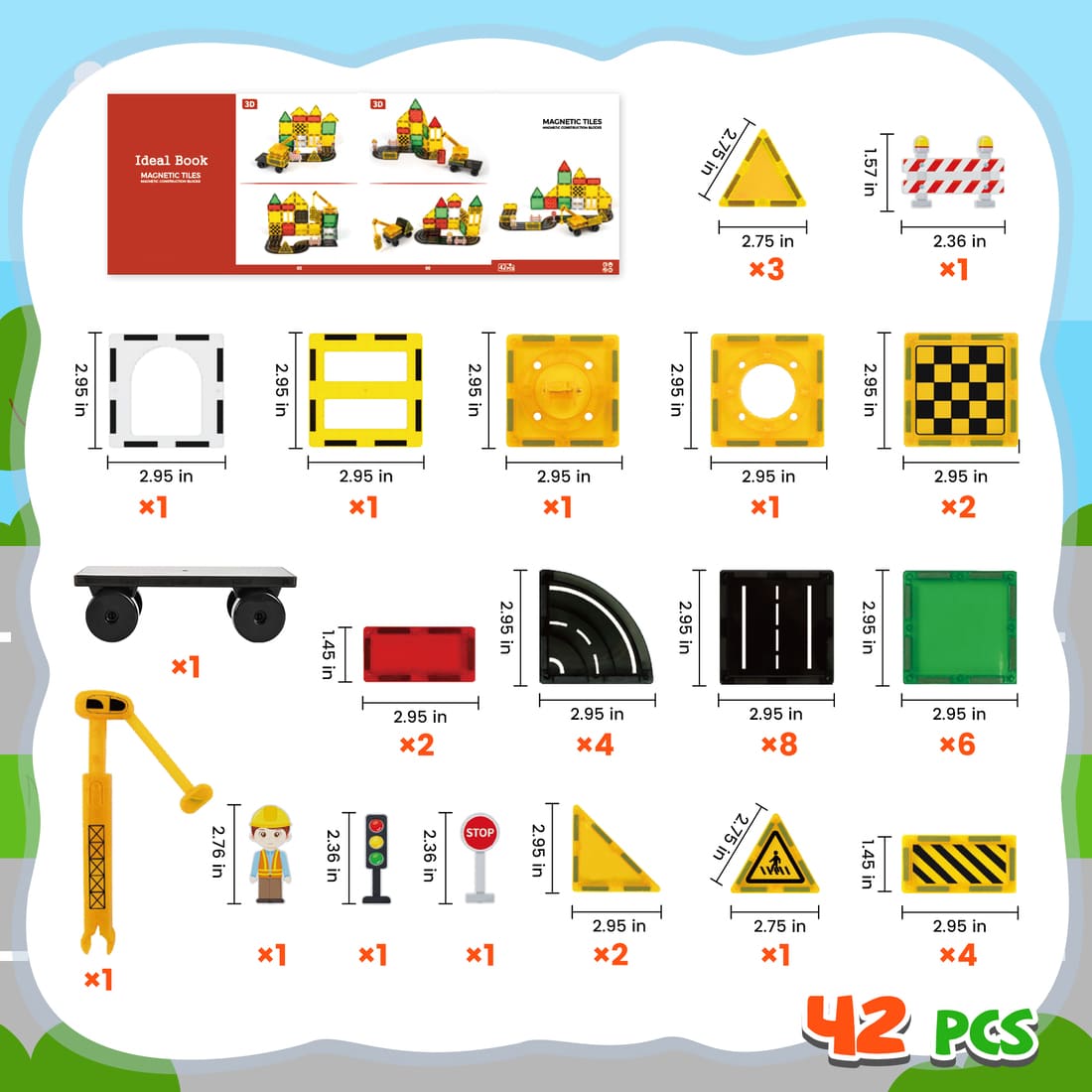 Cossy Magnetic Building Tiles Road Set with Mobile Crane, Magnetic Tiles for Kids Ages 4-8