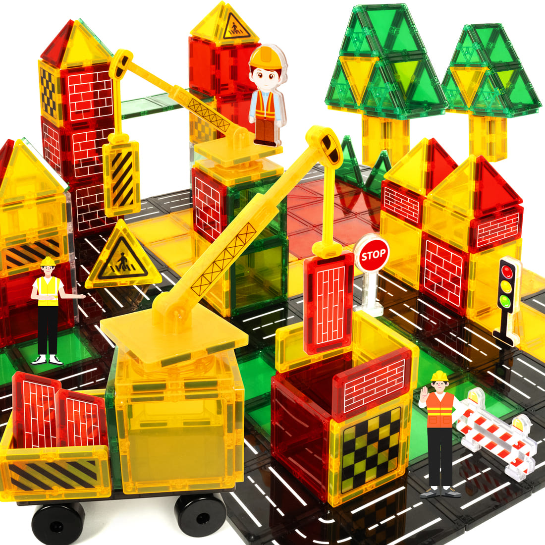 Cossy Magnetic Building Tiles Road Set with Mobile Crane, Magnetic Tiles for Kids Ages 4-8