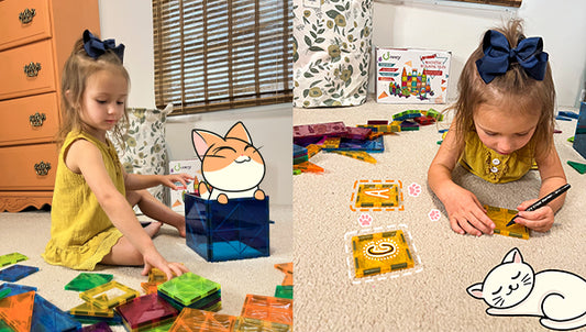 a girl is playing with magnetic blocks