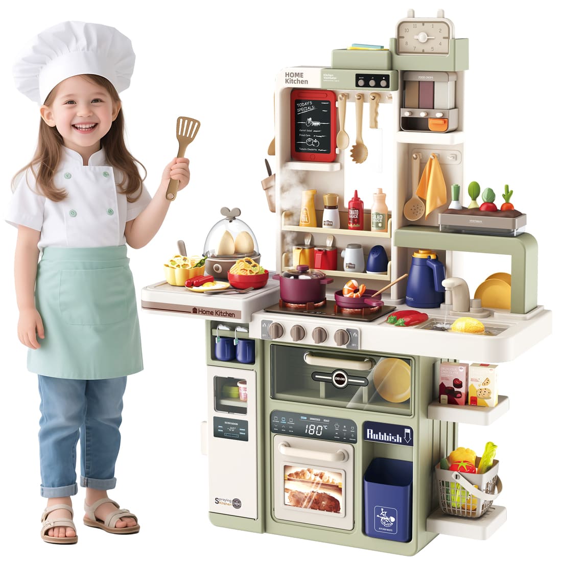 Child in chef's outfit with a toy kitchen set