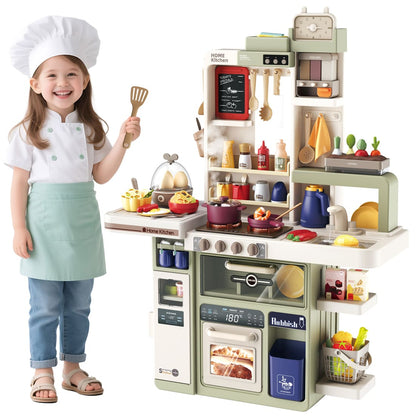 Child in chef's outfit with a toy kitchen set