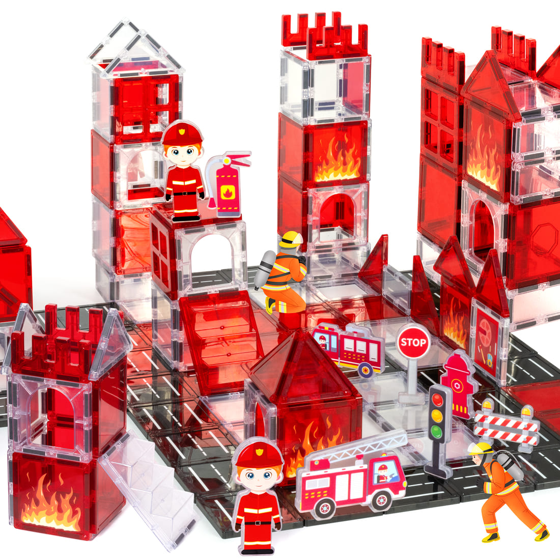 Cossy Magnetic Building Tiles Firefighter Set with Firefighter for Kids Ages 4-8