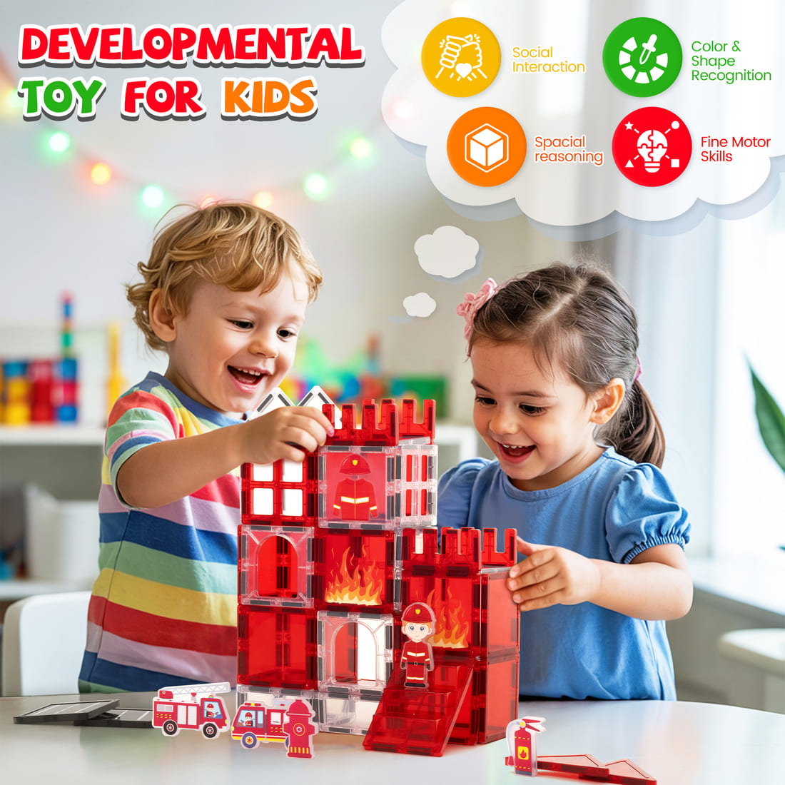 Cossy Magnetic Building Tiles Firefighter Set with Firefighter for Kids Ages 4-8