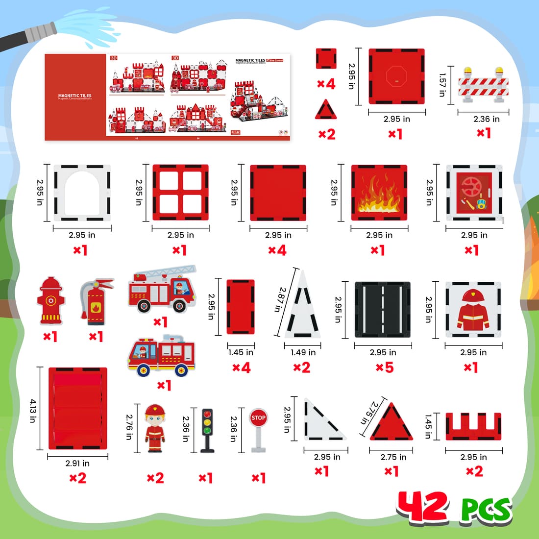 Cossy Magnetic Building Tiles Firefighter Set with Firefighter for Kids Ages 4-8
