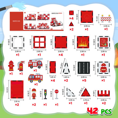 Cossy Magnetic Building Tiles Firefighter Set with Firefighter for Kids Ages 4-8
