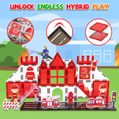 Cossy Magnetic Building Tiles Firefighter Set with Firefighter for Kids Ages 4-8