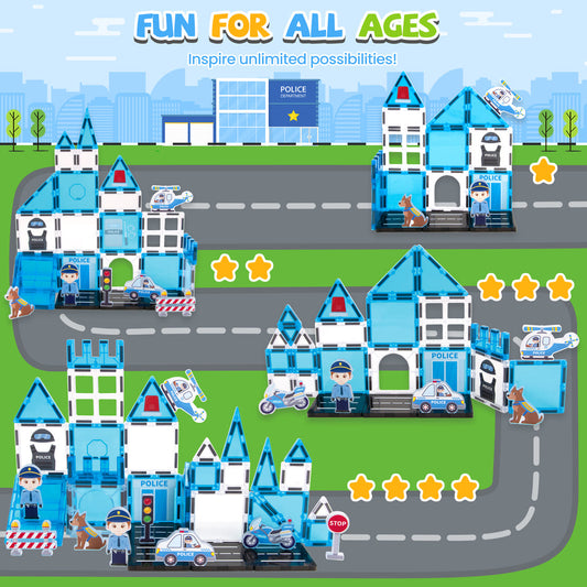 Cossy Magnetic Building Tiles Police Set with Policeman for Kids Ages 4-8