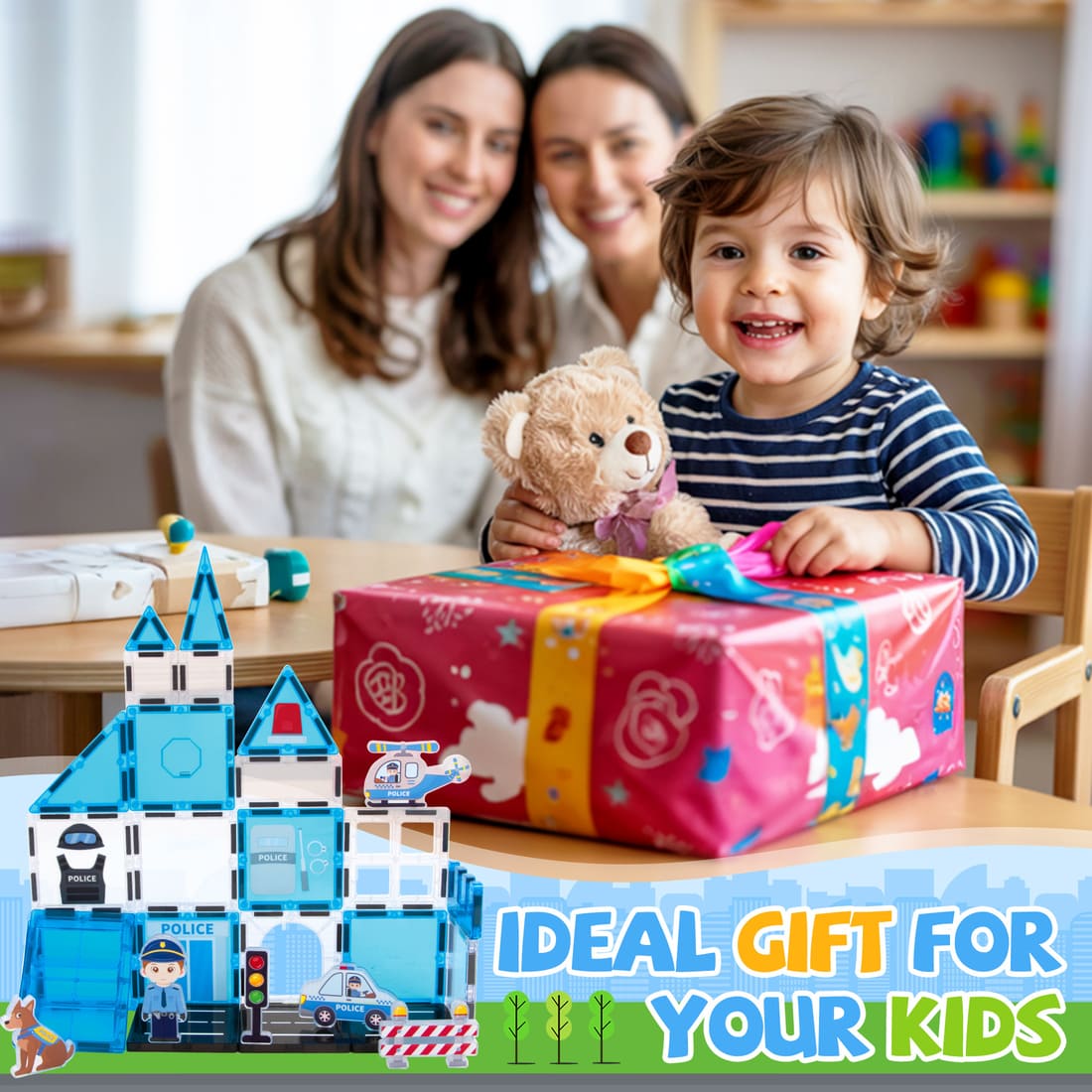 Cossy Magnetic Building Tiles Police Set with Policeman for Kids Ages 4-8