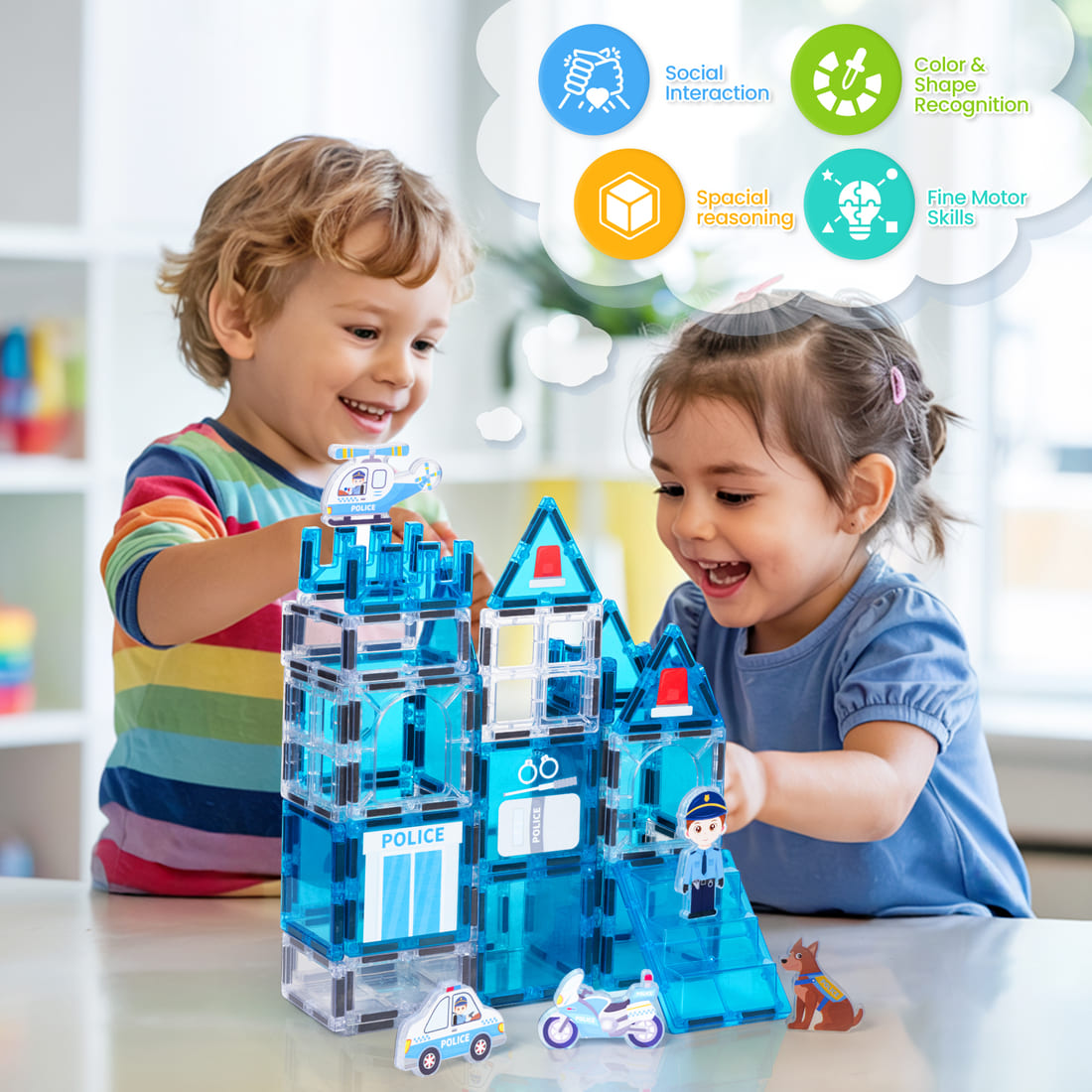 Cossy Magnetic Building Tiles Police Set with Policeman for Kids Ages 4-8