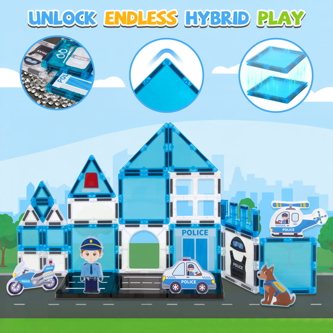 Cossy Magnetic Building Tiles Police Set with Policeman for Kids Ages 4-8