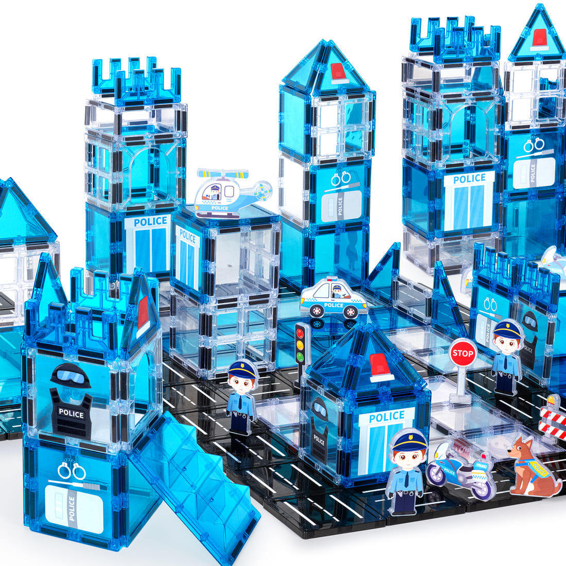 Cossy Magnetic Building Tiles Police Set with Policeman for Kids Ages 4-8