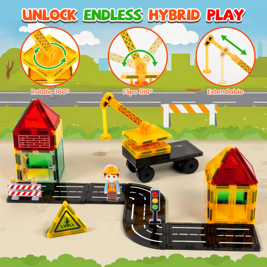 Cossy Magnetic Building Tiles Road Set with Mobile Crane, Magnetic Tiles for Kids Ages 4-8