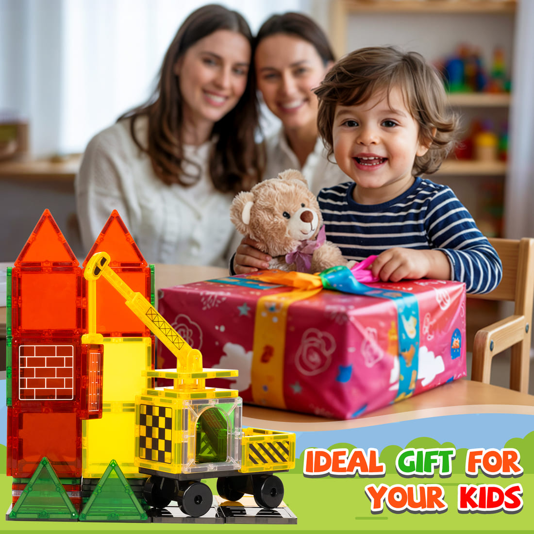 Cossy Magnetic Building Tiles Road Set with Mobile Crane, Magnetic Tiles for Kids Ages 4-8