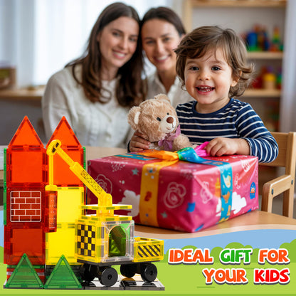 Cossy Magnetic Building Tiles Road Set with Mobile Crane, Magnetic Tiles for Kids Ages 4-8