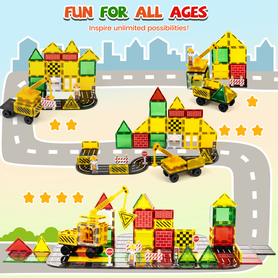 Cossy Magnetic Building Tiles Road Set with Mobile Crane, Magnetic Tiles for Kids Ages 4-8