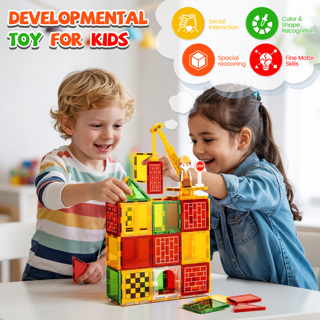 Cossy Magnetic Building Tiles Road Set with Mobile Crane, Magnetic Tiles for Kids Ages 4-8