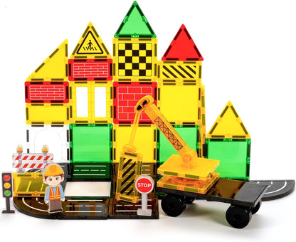 Cossy Magnetic Building Tiles Road Set with Mobile Crane, Magnetic Tiles for Kids Ages 4-8