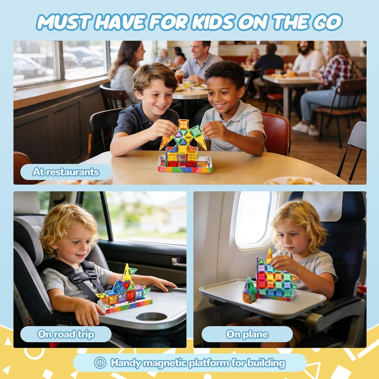 Cossy Mini Magnetic Tiles Travel Toys for Restaurant, Car & Plane Play