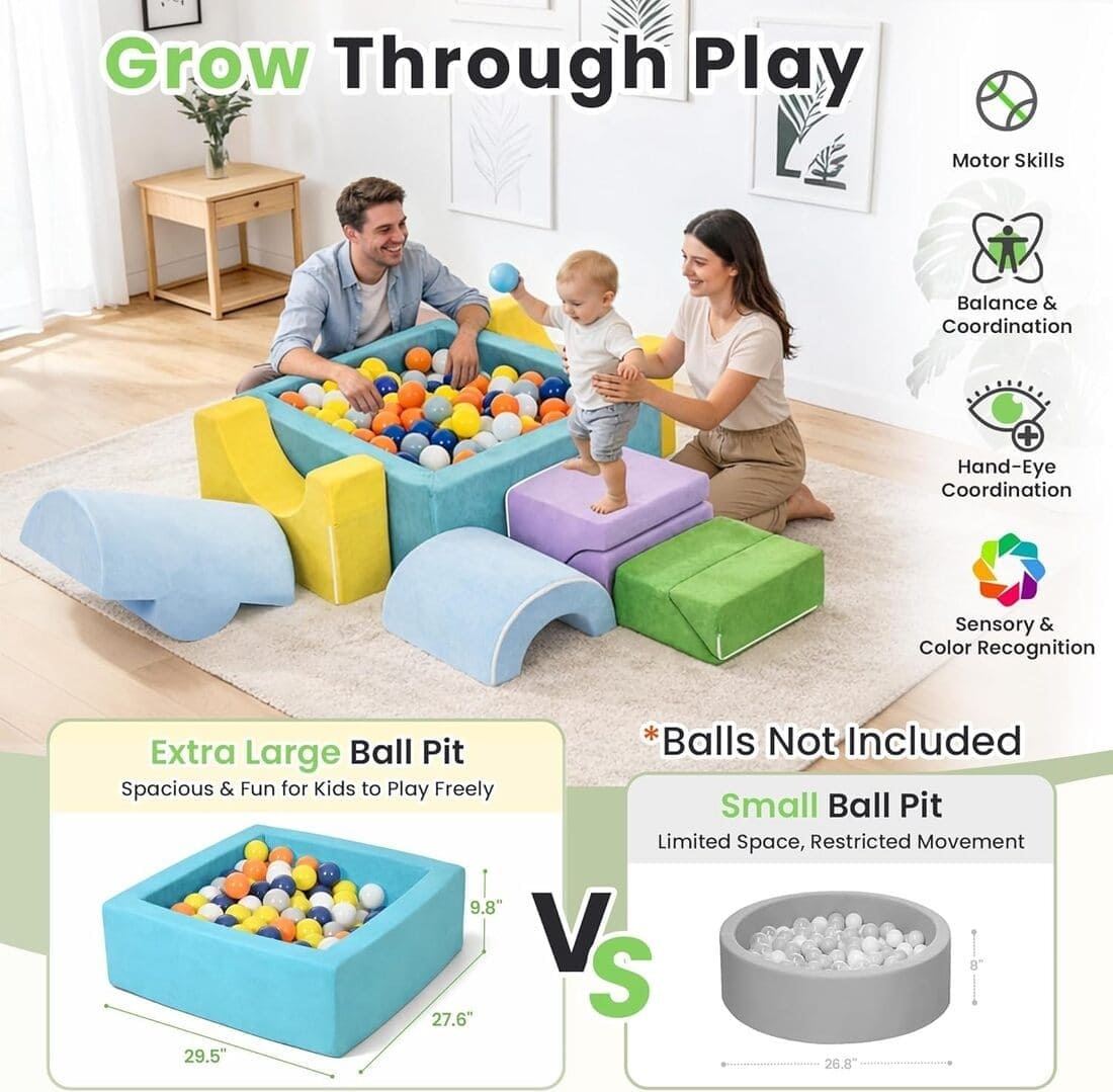 Cossy 7-Pcs Soft Play Set with Square Ball Pit & Foam Climbing Blocks