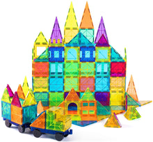 Load image into Gallery viewer, trucks and castles built with magnetic tiles
